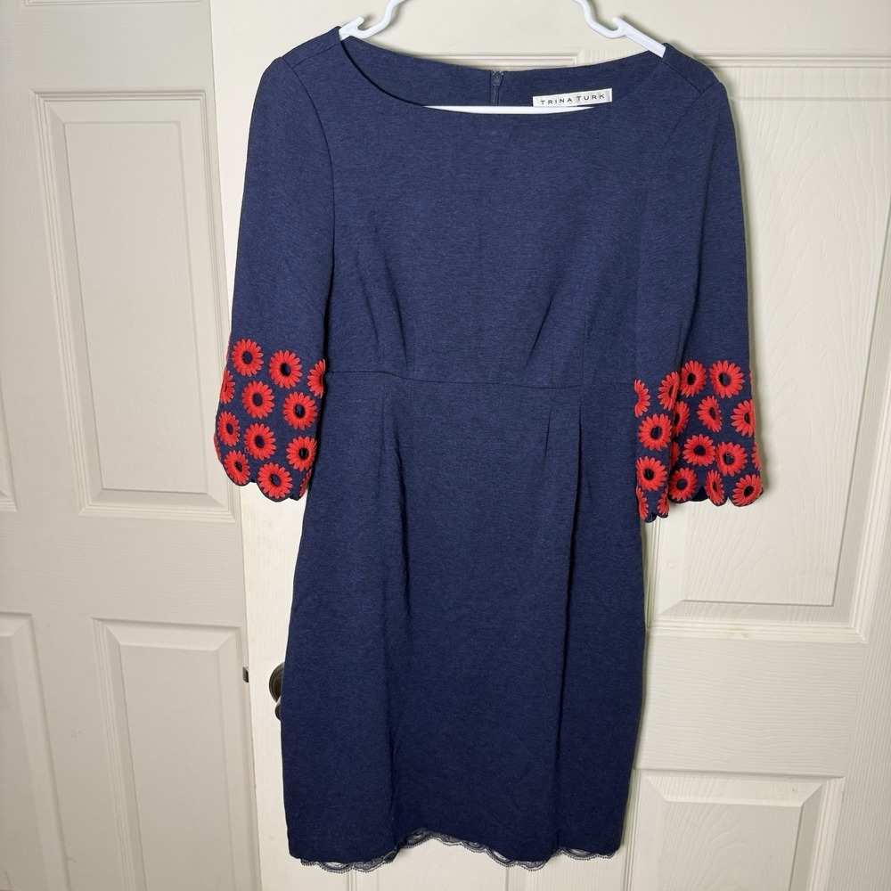 Trina‎ Turk Shift Dress Women Size 4 Navy Stretch 3/4 Embroidered Sleeve Eyelet